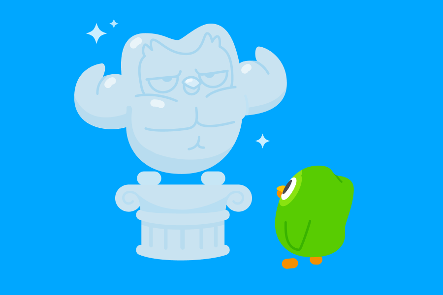 Ilustración de Duo el búho admirando una gran estatua de mármol de una versión musculosa de sí mismo