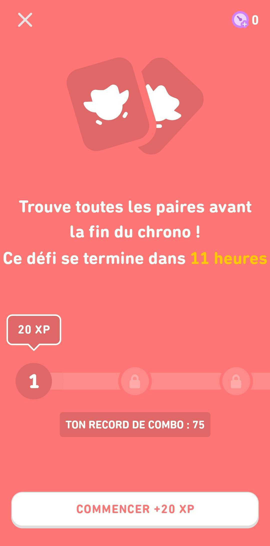 Capture d’écran de l’écran initial de Duos à gogo. Il est indiqué : « Trouve toutes les paires avant la fin du chrono ! Ce défi se termine dans 11 heures. » Au-dessus du premier niveau, une bulle de texte indique : « 20 XP ».