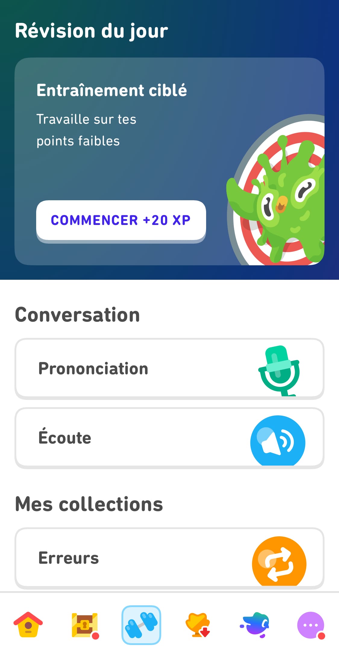 Capture d’écran du Centre d’entraînement. Différentes options s’offrent à l’utilisateur : un entraînement ciblé pour travailler sur ses points faibles, des exercices de prononciation et de compréhension orale et une revue des erreurs précédentes.
