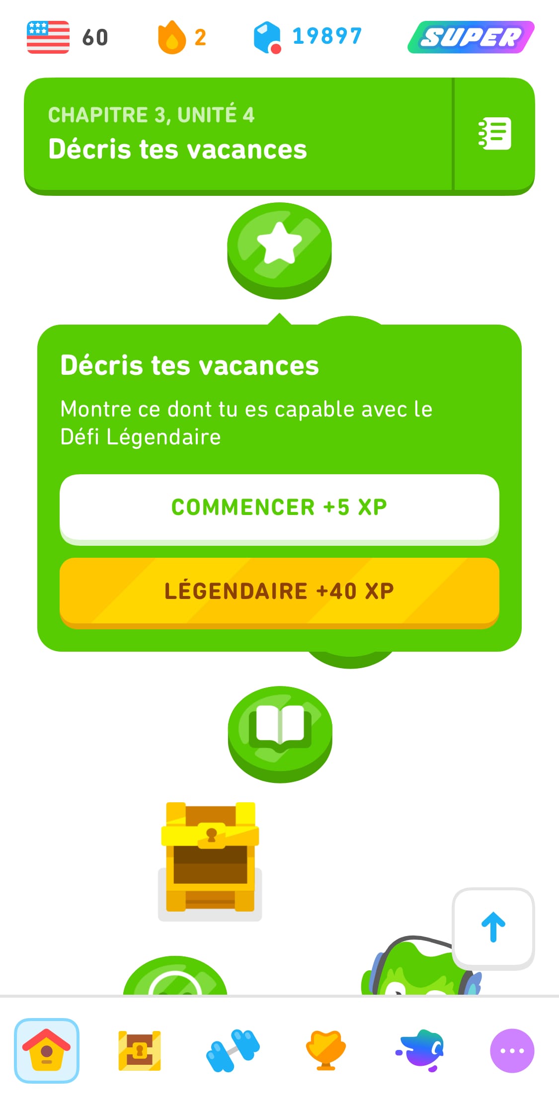 Capture d’écran du cours d’anglais de Duolingo. Une leçon déjà terminée est sélectionnée. Deux options s’offrent à l’utilisateur : commencer une session de révision pour gagner 5 XP ou commencer une leçon Légendaire pour gagner 40 XP.