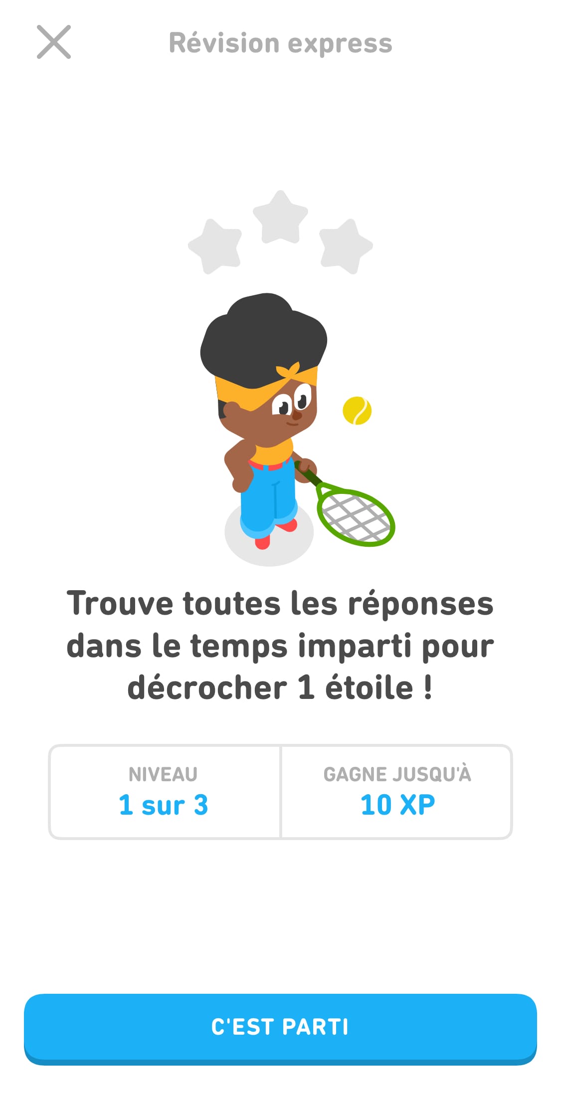 Capture d’écran de l’écran initial de la Révision express. Béa joue avec une raquette et une balle de tennis. On peut voir 3 étoiles au-dessus d’elle. Il est indiqué : « Trouve toutes les réponses dans le temps imparti pour décrocher 1 étoile ! » L’utilisateur peut gagner jusqu’à 10 XP en terminant le Niveau 1 sur 3.