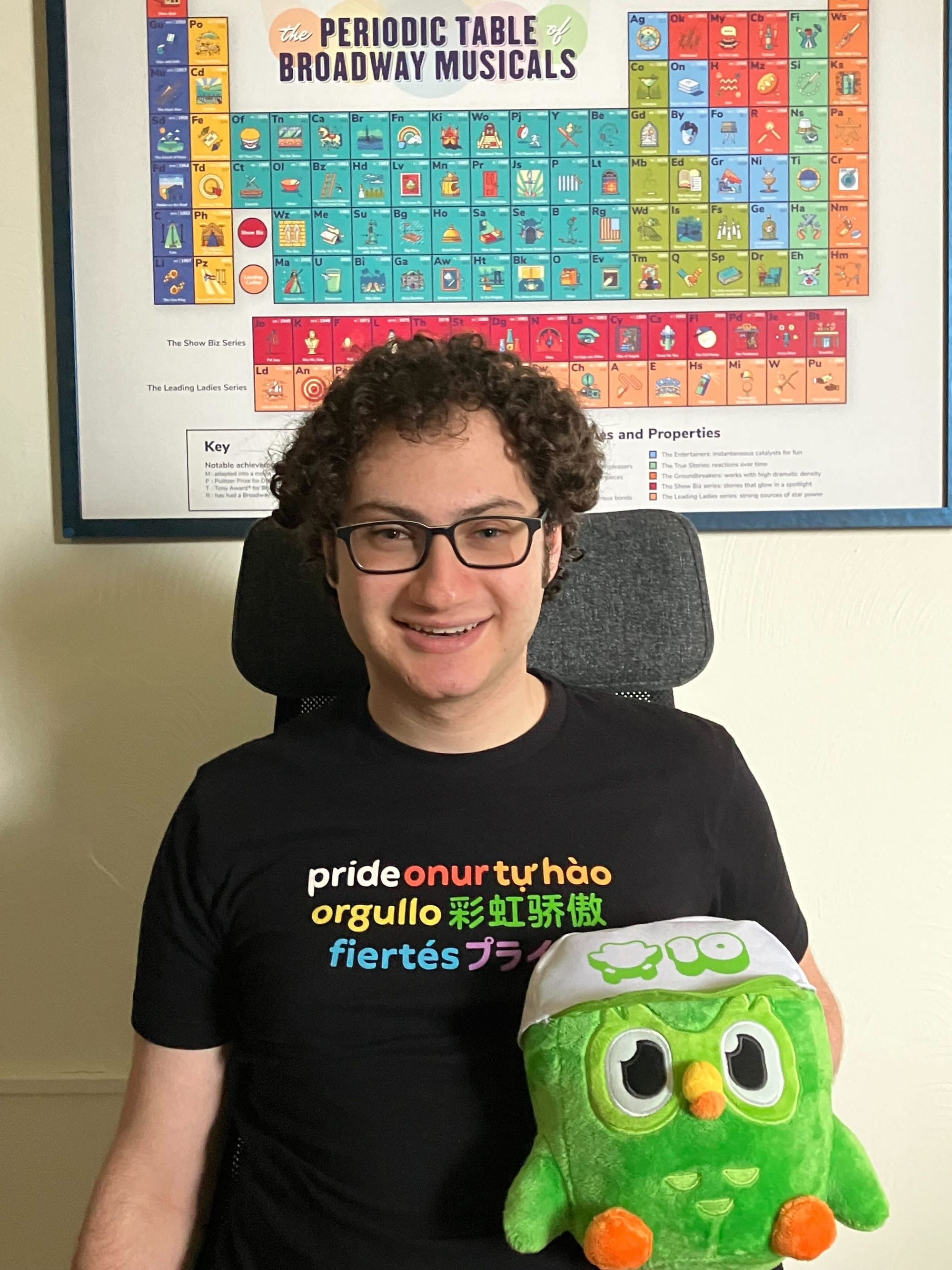 Imagem de Adam, vestindo uma camisa que diz "Orgulho" em vários idiomas e em um arco-íris de cores, sentado em frente a uma tabela periódica de musicais da Broadway