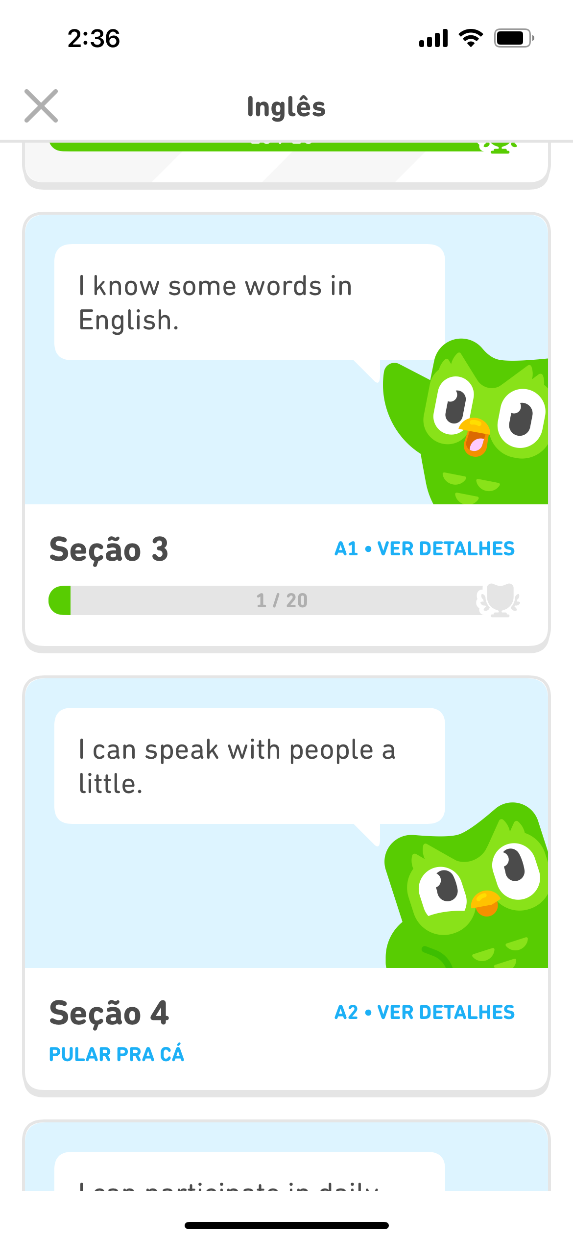 Captura de tela do menu da seção do curso de inglês mostrando quanto da seção atual foi concluída e as próximas seções.