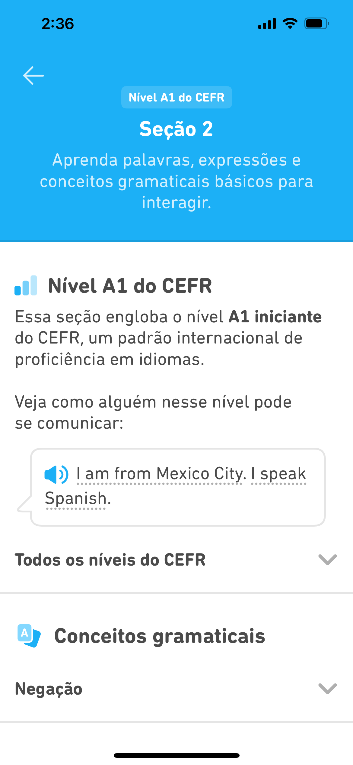 Captura de tela da seção 2 explicando como os tópicos do curso atendem aos critérios A1 do CEFR.