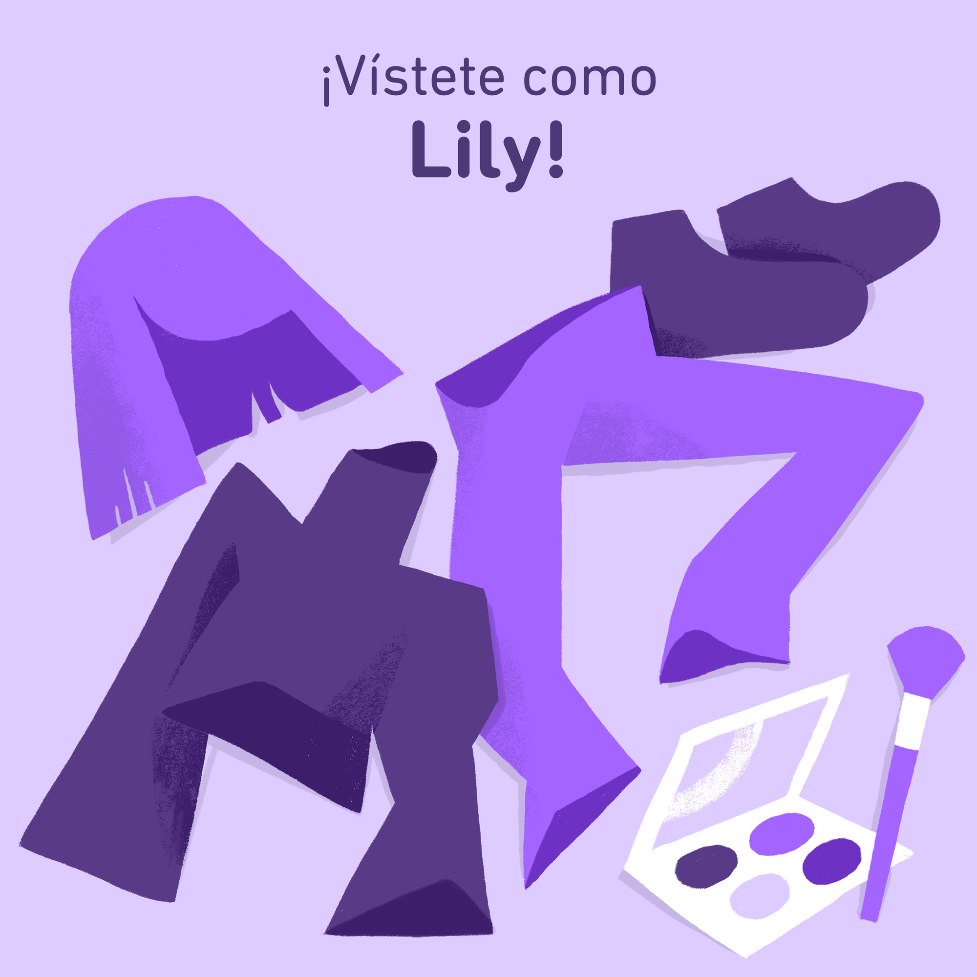 Ilustración de una peluca morada, una camisa de cuello alto morado, pantalones morados, zapatos morados y una paleta de maquillaje morada.