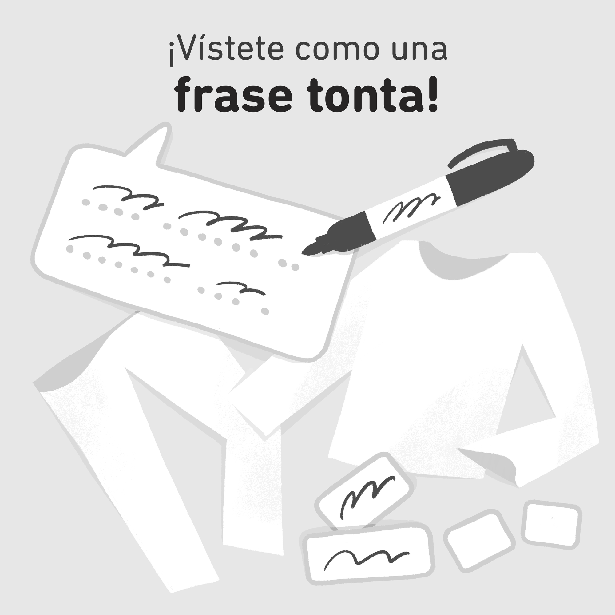 Ilustración de pantalones blancos, un suéter blanco, un marcador negro, un globo de diálogo con garabatos, dos cajas pequeñas con garabatos y dos cajas pequeñas vacías.