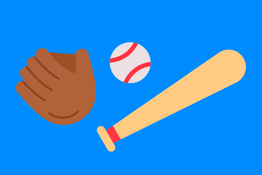 Ilustração de uma luva, uma bola e um taco de beisebol.