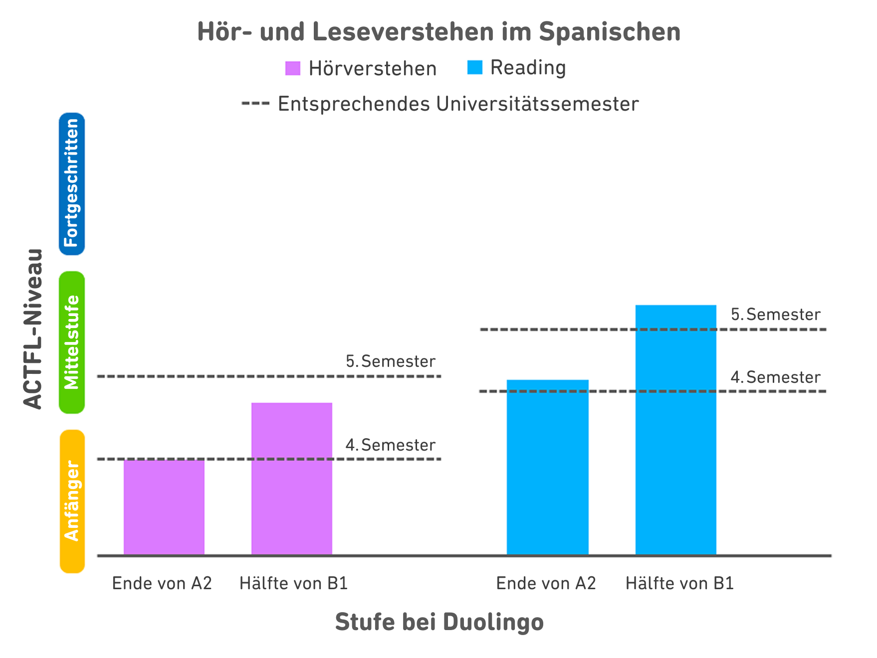 Diagramm mit der Überschrift „Hör- und Leseverstehen im Spanischen“. Links auf der vertikalen Achse sind drei ACTFL-Niveaus angegeben: Anfänger unten, Mittelstufe in der Mitte und Fortgeschrittene oben. Auf der horizontalen Achse stehen links zwei Säulen für das Hörverstehen und rechts zwei Säulen für das Leseverstehen. In jedem Säulenpaar bezieht sich die linke Säule auf die Lernenden am Ende von A2 und die rechte Säule auf die Lernenden nach der Hälfte der B1-Inhalte. Die Säulen für die B1-Inhalte sind höher als die Säulen für A2, und die Bewertung des Leseverstehens ist höher als die des Hörverstehens. Über den Säulen für das Hörverstehen verlaufen zwei gestrichelte Linien, eine für die Bewertung des 4. Semesters und eine für die Bewertung des 5. Semesters. Die Säule für das Hörverstehen in A2 erreicht die Linie für das 4. Semester und die Säule für das Hörverstehen nach der Hälfte von B1 erstreckt sich über etwa 75 % des Weges zur Linie für das 5. Semester. Entsprechende Linien für die Semester verlaufen auch über den Säulen zum Leseverstehen. Die Säule für das Leseverstehen nach A2 liegt knapp über der Linie für das 4. Semester, und das Ende der Säule für das Leseverstehen nach der Hälfte von B1 liegt deutlich über der Linie für das 5. Semester.