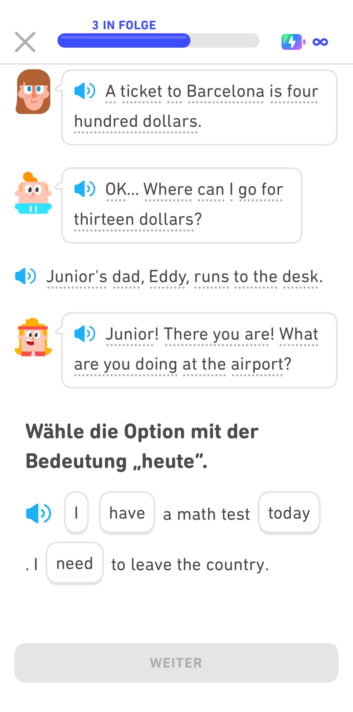 Screenshot eines Teils aus einer englischen Story, gefolgt von einer Übung, bei der die Lernenden dazu aufgefordert werden, das englische Wort anzutippen, das „heute“ bedeutet.