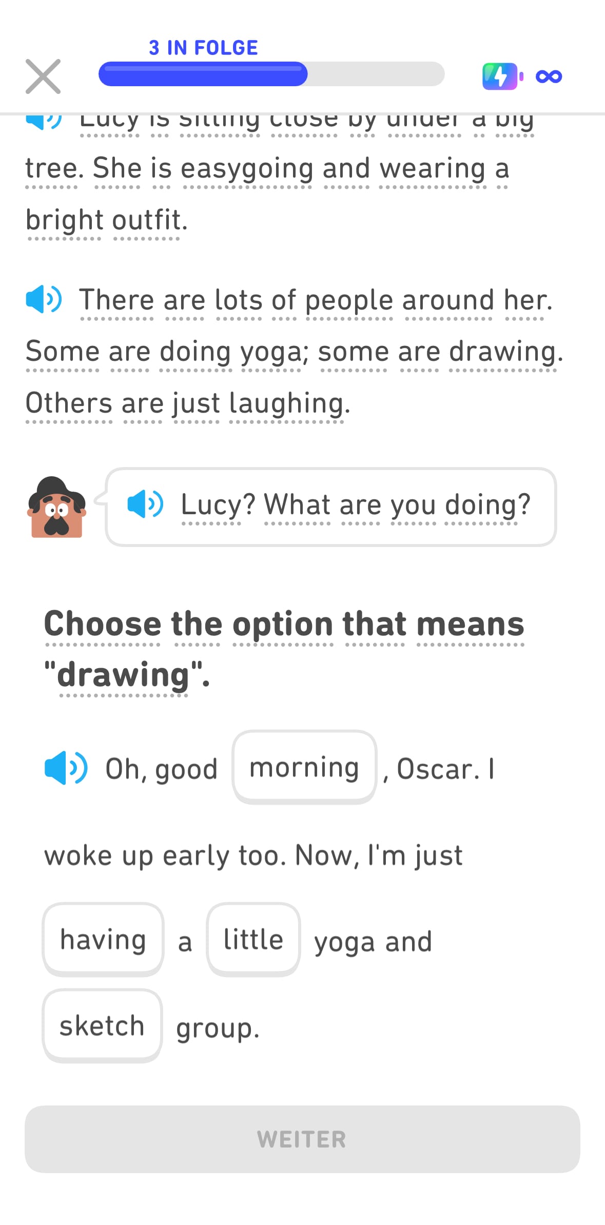 Screenshot eines Teils aus einer englischen Story, gefolgt von einer Übung, bei der die Lernenden dazu aufgefordert werden, das englische Wort anzutippen, das die Bedeutung von „drawing“ hat.