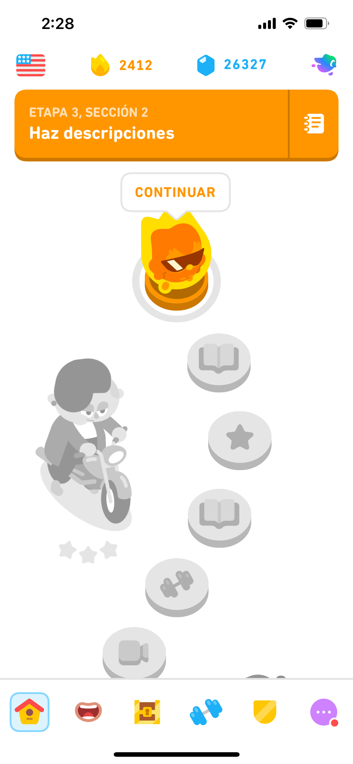 Screenshot of the Duolingo learning path showing individual upcoming units of the EN<ES course