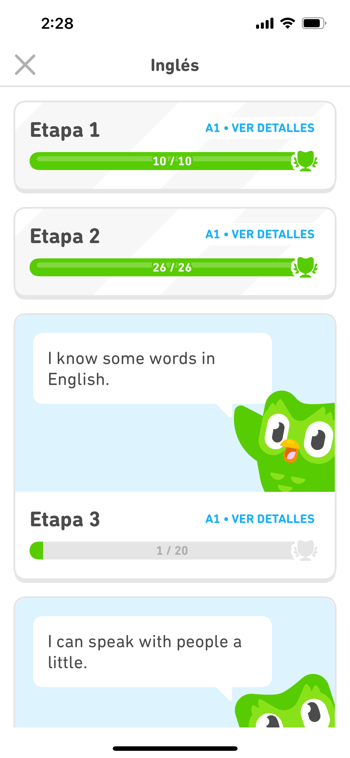 Screenshot of the EN<ES course section menu showing Sections 1-3 completed and Section 4 partly completed