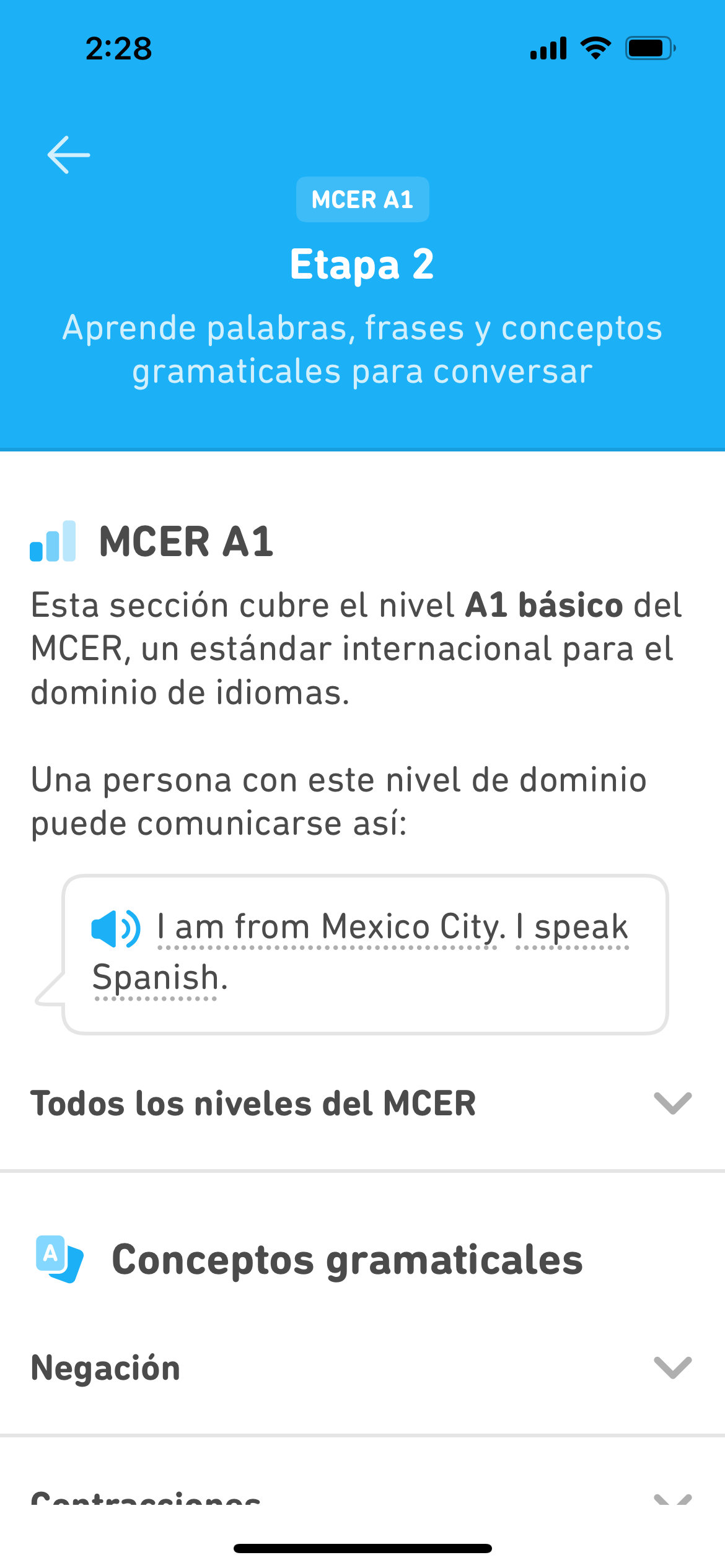 Screenshot of Section 2 explaining how the course work meets the CEFR A1 criteria