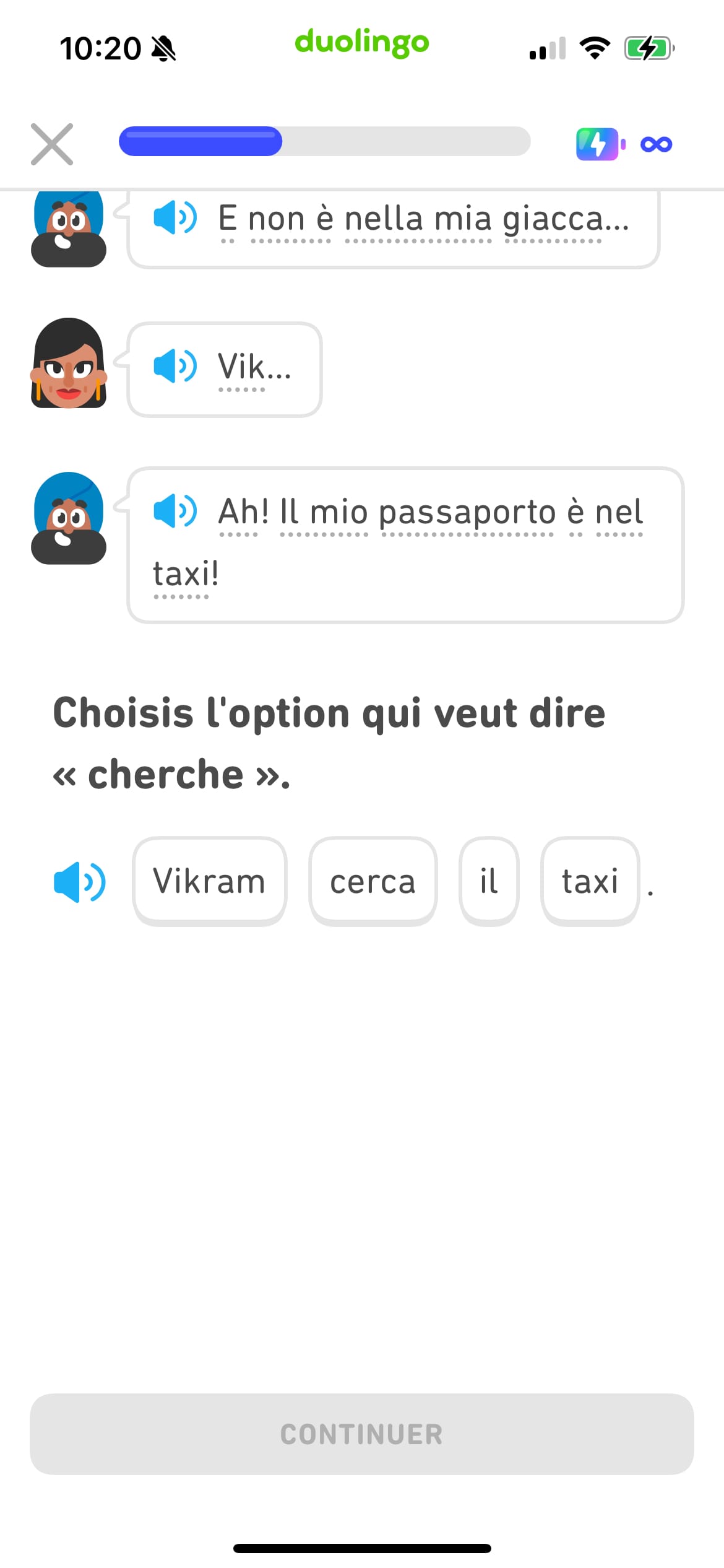 Capture d’écran d’une histoire en italien suivie d’un exercice demandant à l’apprenant de choisir l’option qui veut dire « cherche ».