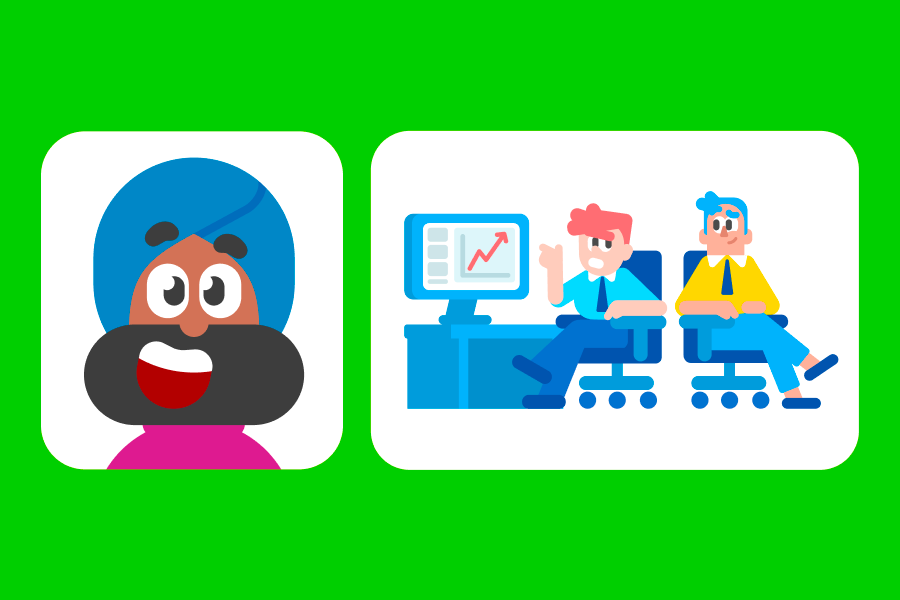 Vikram next to an image of two people working at a desk in front of a computer screen showing a graph