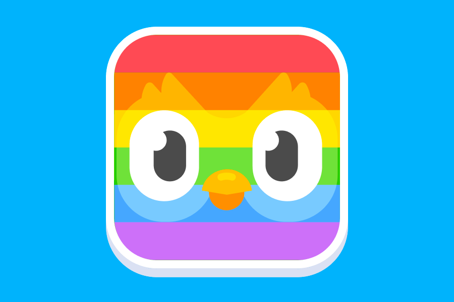 Ilustración del ícono de la app de Duolingo con los colores de la bandera arcoíris LGBTQIA