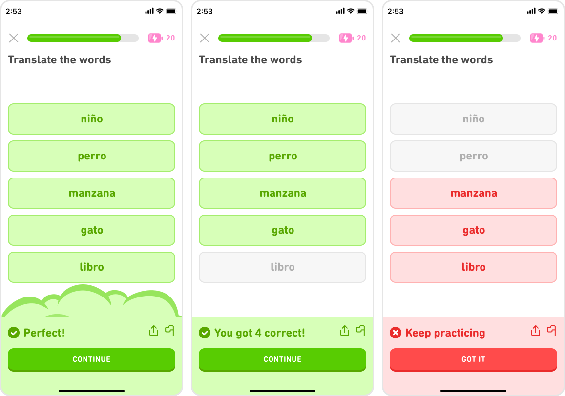 Three summary screens for new Duolingo Flashcards. The first shows the result of getting all five words correct: The five words appear on screen in green boxes. Next is the result of getting four right: The four correct responses are in green boxes and the one incorrect response is in a gray box. If less than four cards are responded to correctly, the incorrect responses appear in red boxes in the summary screen.