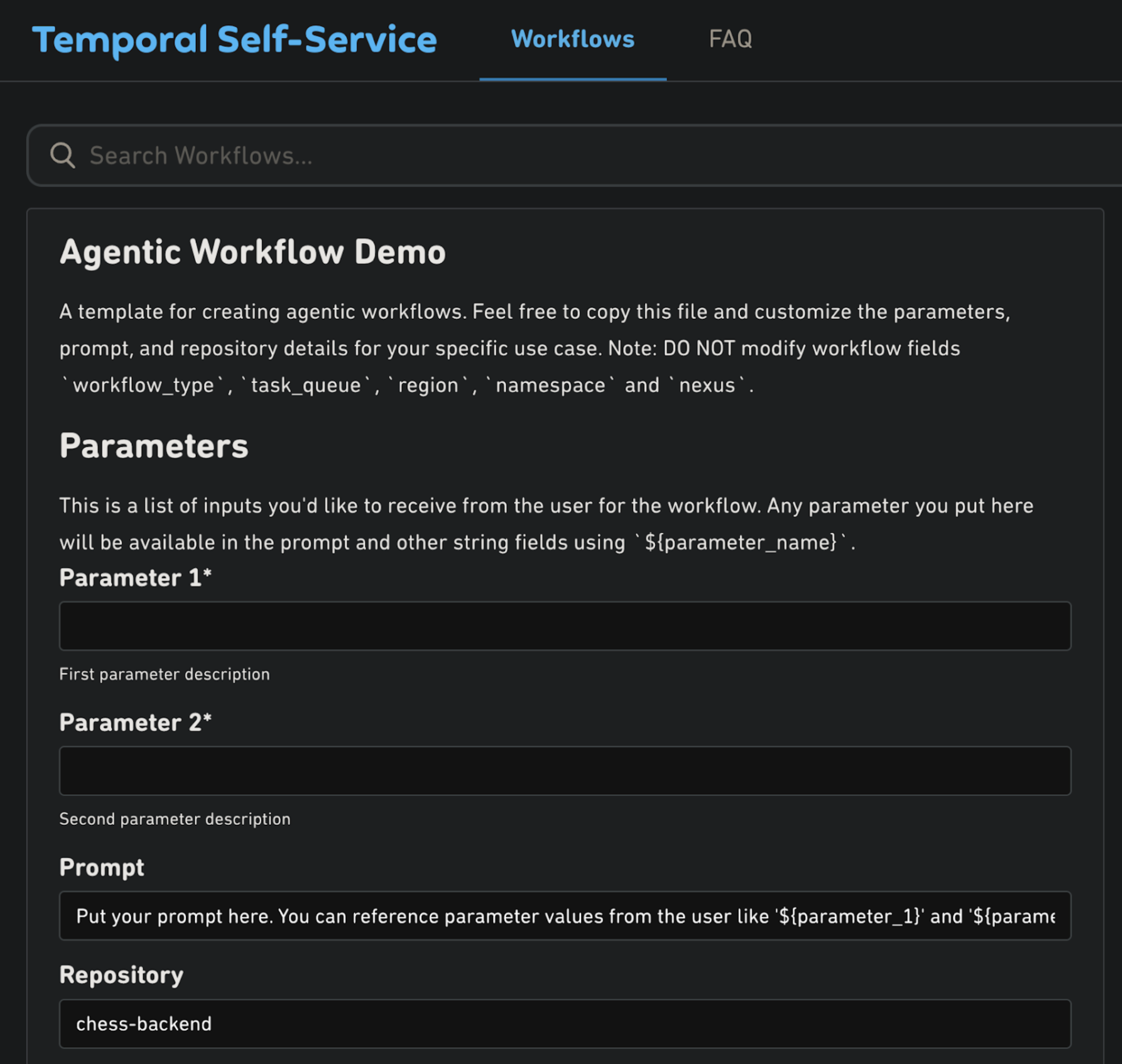A screenshot of the form, including parameters, prompt, and repository fields.