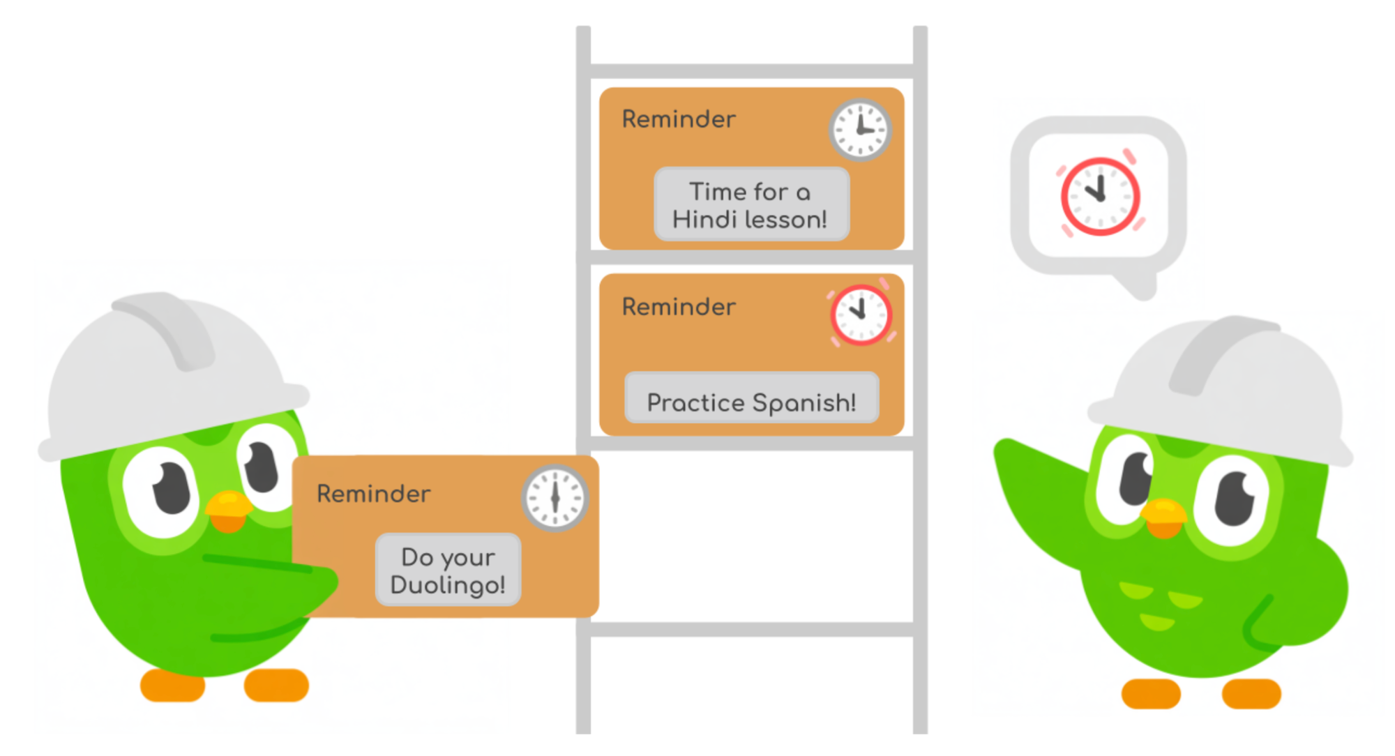 A diagram of a transaction (represented by Duo in a hardhat) adding a new reminder, Do your Duolingo, to a table of reminders. Reminders have various messages and small clocks to represent when they should be sent. Another transaction is checking for reminders that are ready to be sent.