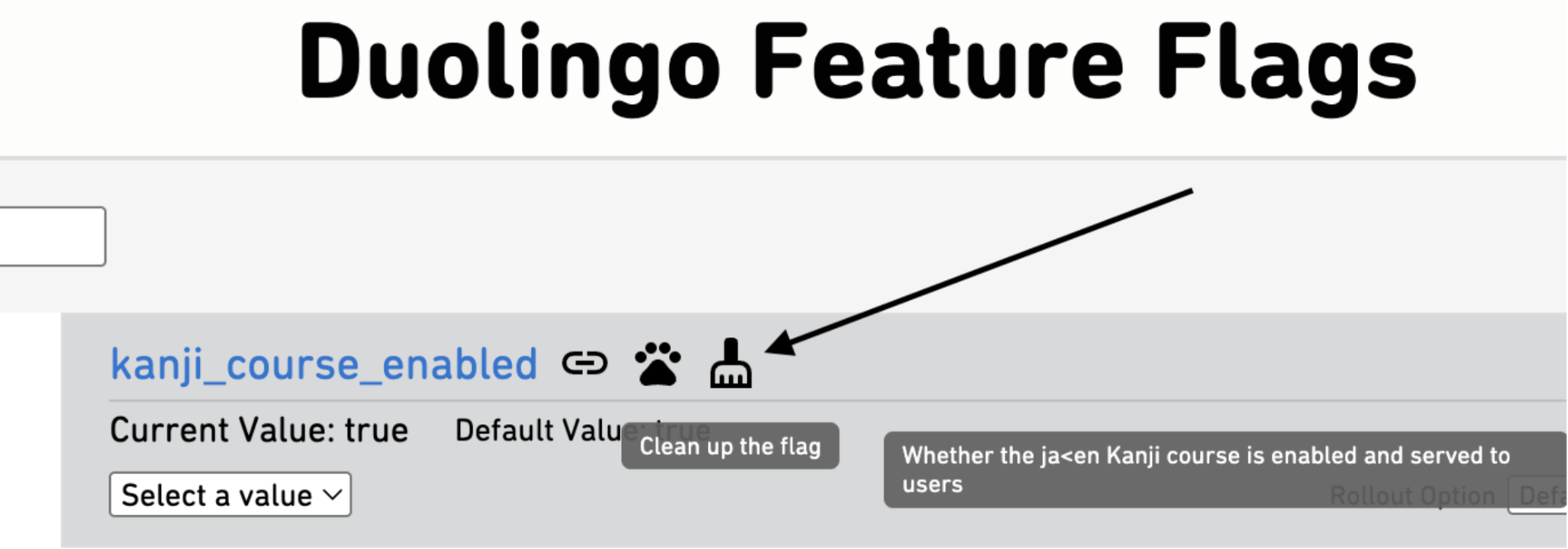 A page describing a set of feature flags, with an arrow pointed to an icon for "Clean up the flag."