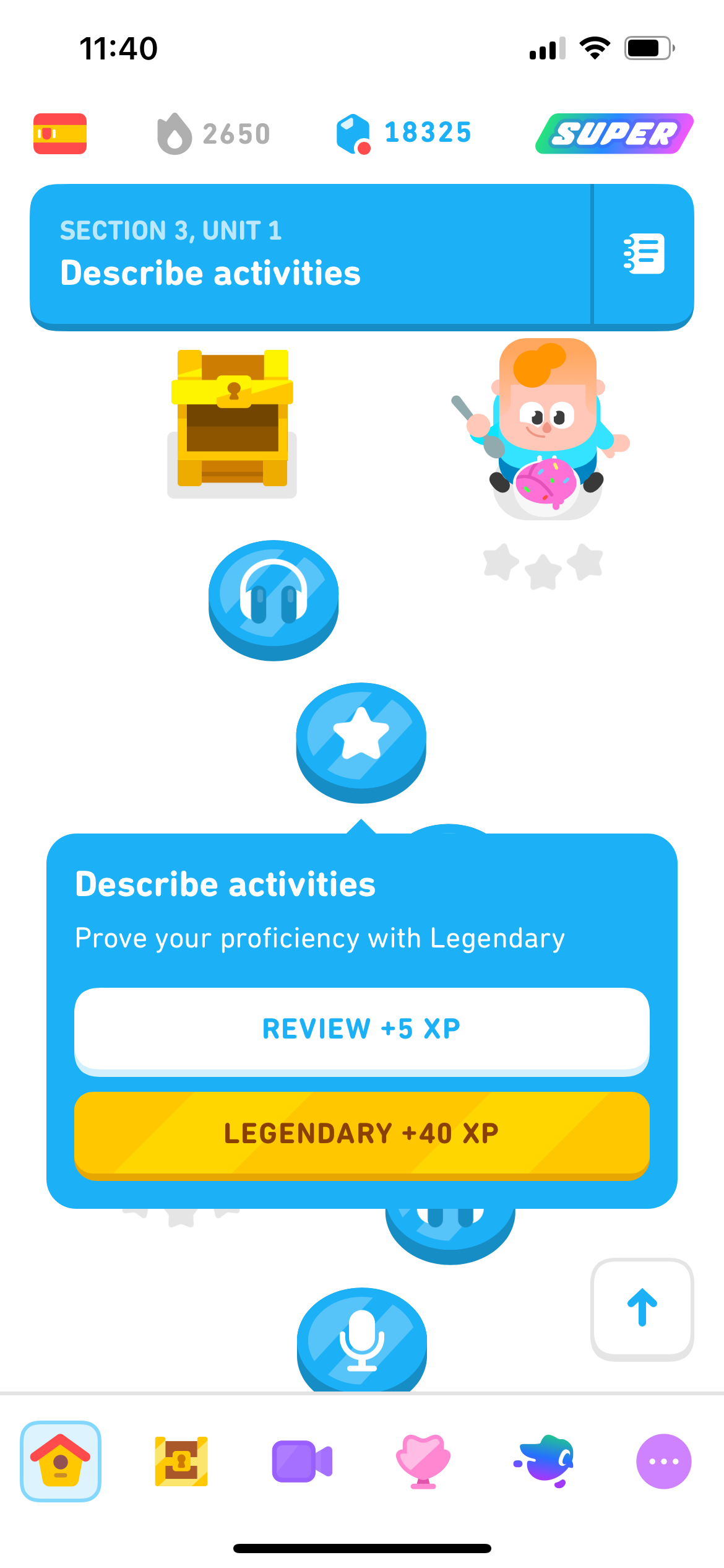 Screenshot of the Duolingo Spanish course, an already-completed node has been clicked on and there is a bubble that shows two options: review to earn 5XP or do a Legendary lesson to earn 40XP.