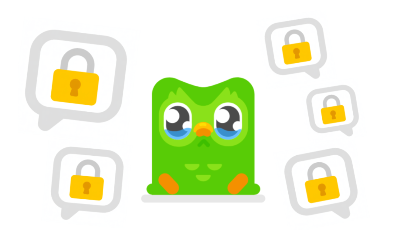 A representation of Duo the owl surrounded by lock icons in speech bubbles, looking defeated and on the verge of tears