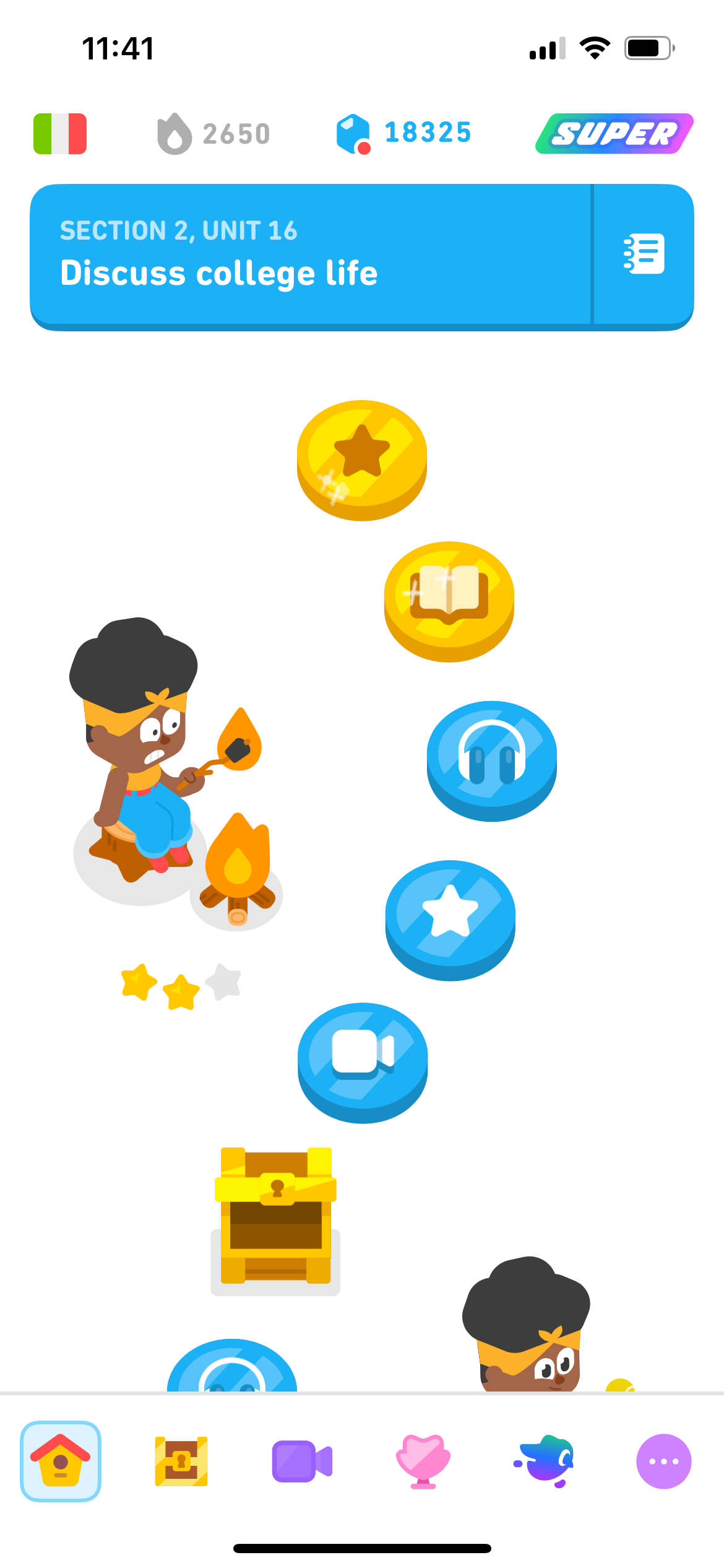 Screenshot of the Duolingo Italian course, all the nodes on the screen have been completed and two at the top are gold, representing nodes where the Legendary Level has been completed.