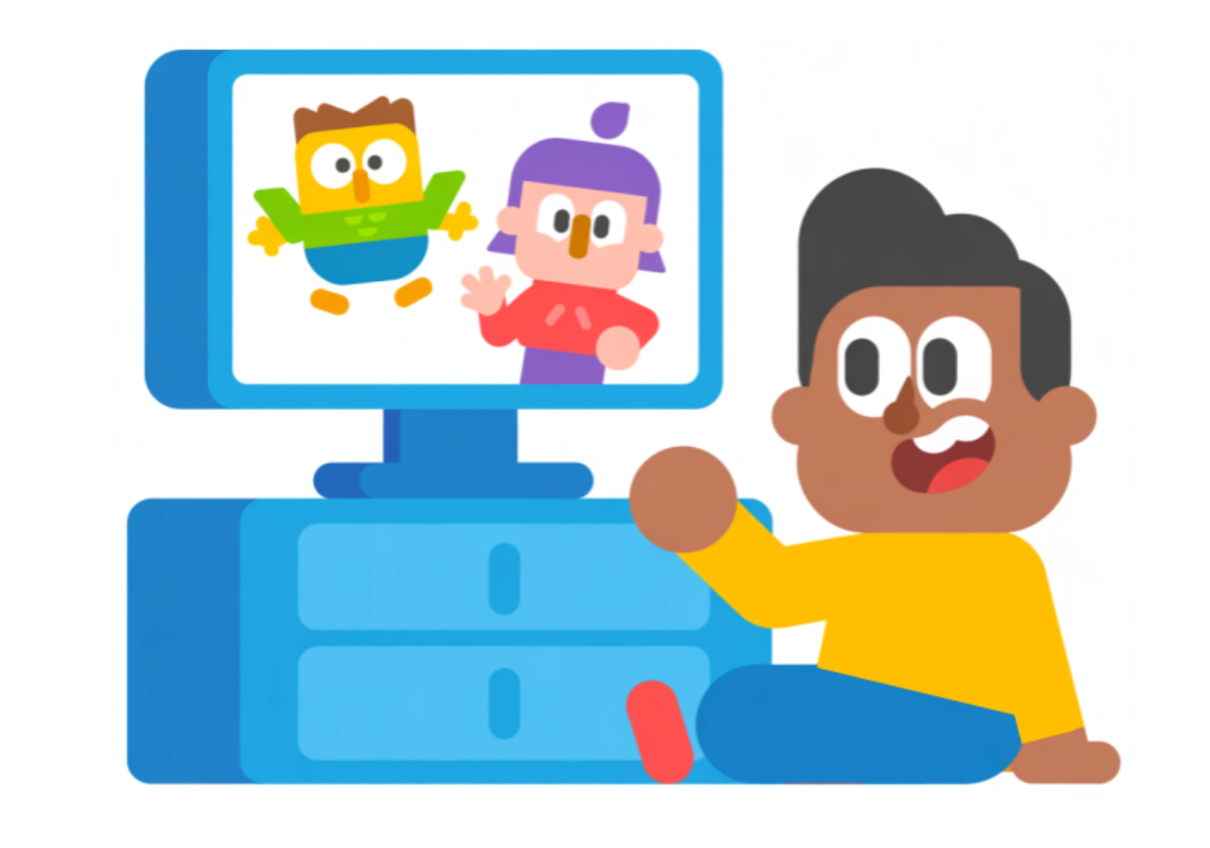 An engineer having a chill Saturday morning!Image of a person smiling while sitting in front of a TV screen displaying two cartoon characters.