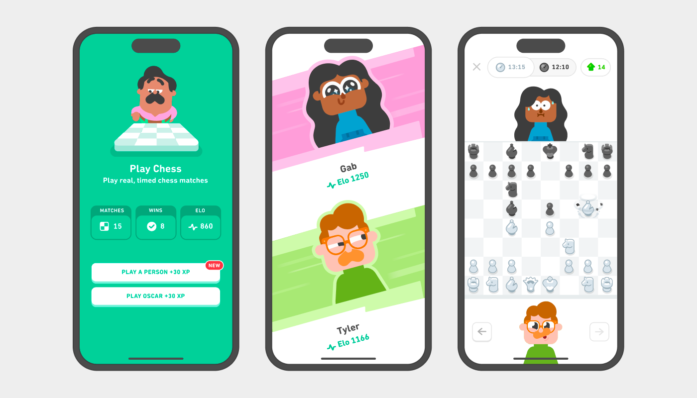 Three side-by-side screenshots of the Duolingo chess course. In the first, Oscar sits facing the user from across a chessboard, and the user has two options to begin a chess game: “Play a person (+30 XP)” and “Play Oscar (+30 XP).” The second shows two Duolingo avatars, Gab and Tyler, before the start of a Player-vs-Player chess match, as well as their Elos: Gab’s is 1250 and Tyler’s is 1166. In the last screenshot, Gab’s avatar, seated on the far end of the chessboard in front of the black pieces, looks nervous, while Tyler’s avatar sits on the near end in front of the white pieces, his mouth open in intrigue.
