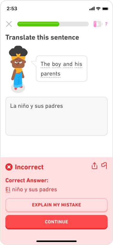 Screenshot of a Spanish exercise with the English phrase “The boy and his parents” incorrectly translated to “La niño y sus padres”. The red pop-up says “Incorrect” and includes a button that says “Explain My Answer.”