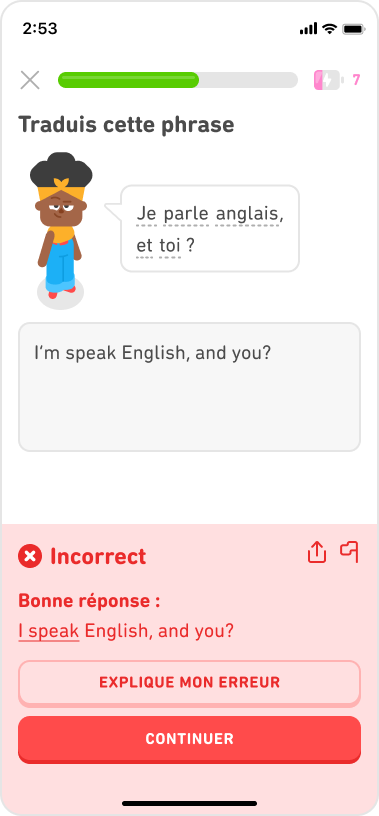 Capture d'écran d'un exercice du cours d’anglais. La phrase « Je parle anglais, et toi ? » a été traduite avec une erreur : « I’m speak English, and you? ». Une fenêtre rouge affiche « Incorrect » accompagnée d'un bouton « Explique ma réponse ».