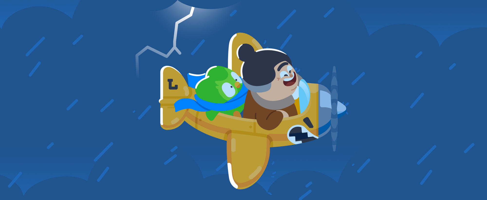 Ilustração de Lucy pilotando um avião em uma tempestade, com o Duo preocupado no assento de trás.