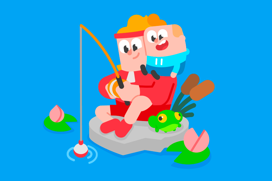 Eddy et Junior sont en train de pêcher. Eddy tient sa canne assis sur un rocher. Junior est juché sur ses épaules et sourit.