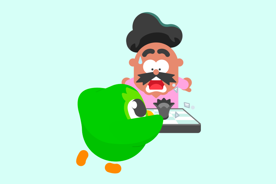 Ilustração da coruja Duo e Óscar jogando xadrez. Óscar está suando e tem uma expressão de choque.