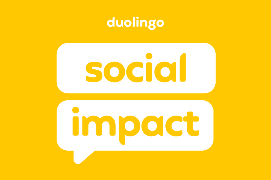 Duolingo’s logo above two speech bubbles with the words “social impact” on a yellow background.