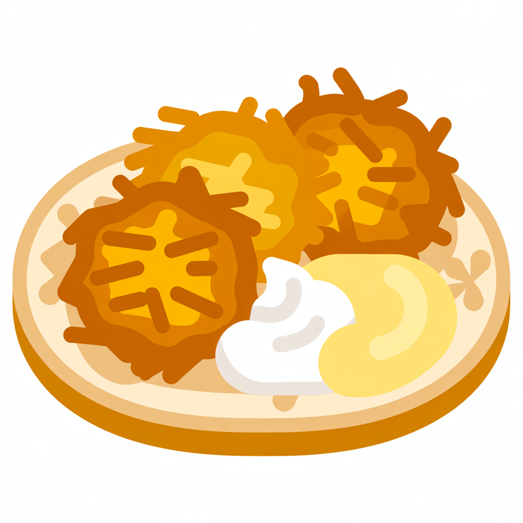 An illustration of three crispy latkes (potato pancakes), on a plate with a dollop of sour cream and a scoop of apple sauce