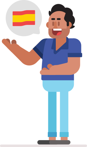 Illustration of a man standing, with arms and hands open mid-gesture. There is a speech bubble coming from his mouth and there is a large flag of Spain in it.