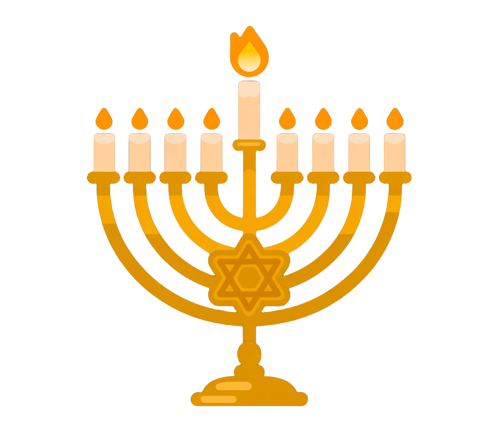 A Hanukkah hanukiyah (menorah) with four branches holding candles on either side of a central, taller helper candle called the shamash. There is a star of David at the center of the hanukiyah, and all eight candles and the central candle are lit.