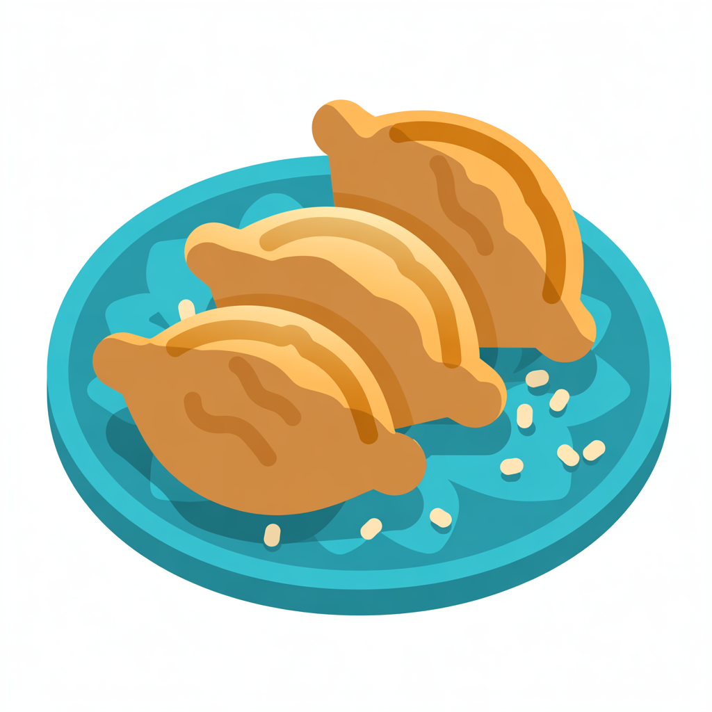 Three golden sambousak b’tawa (filled dumplings) on a plate with sesame seeds