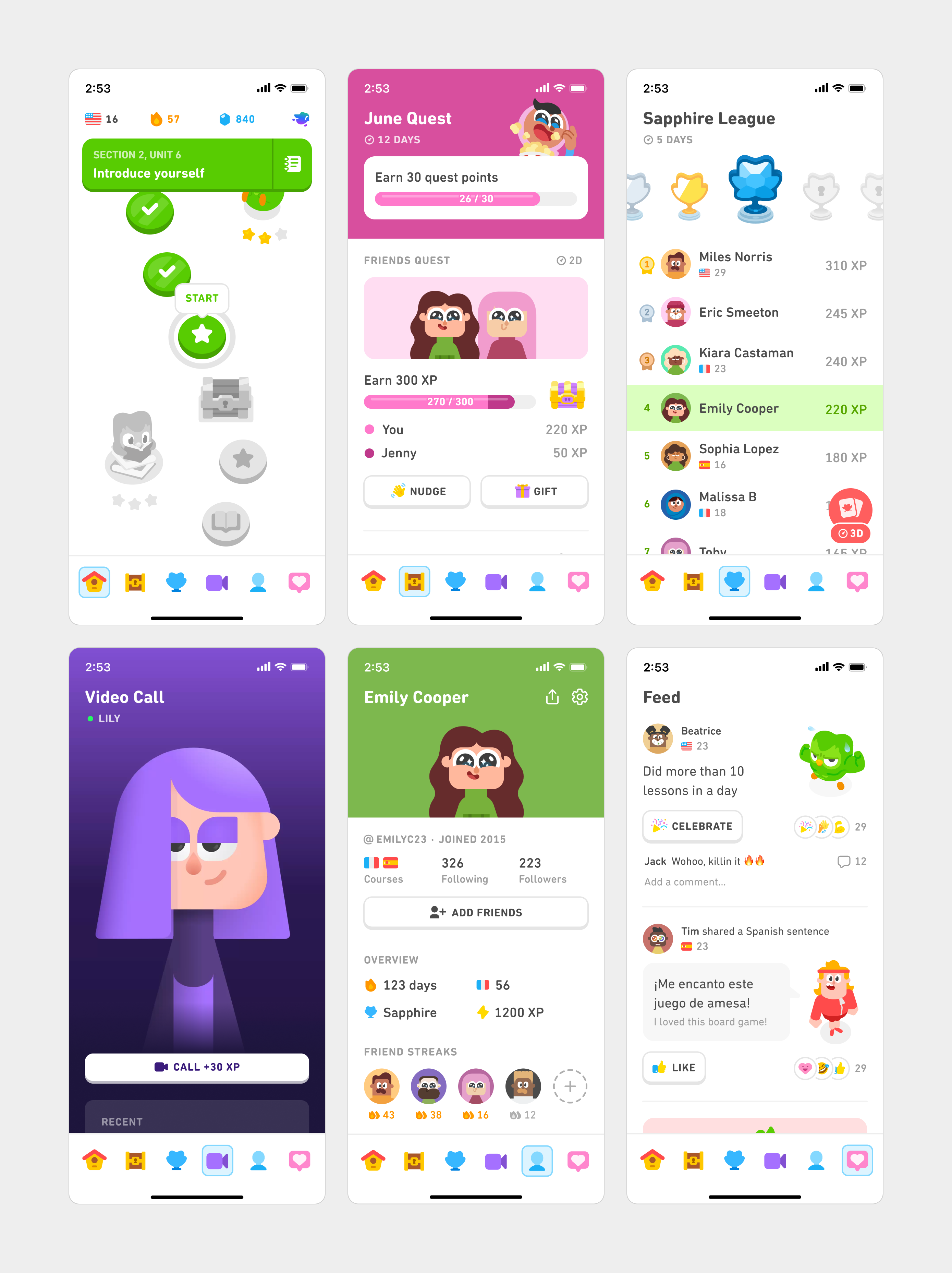 Six Duolingo mobile app screens showing lessons, quests, a leaderboard, video calls, a user profile, and a social feed, all with colorful illustrations and a bottom navigation bar.