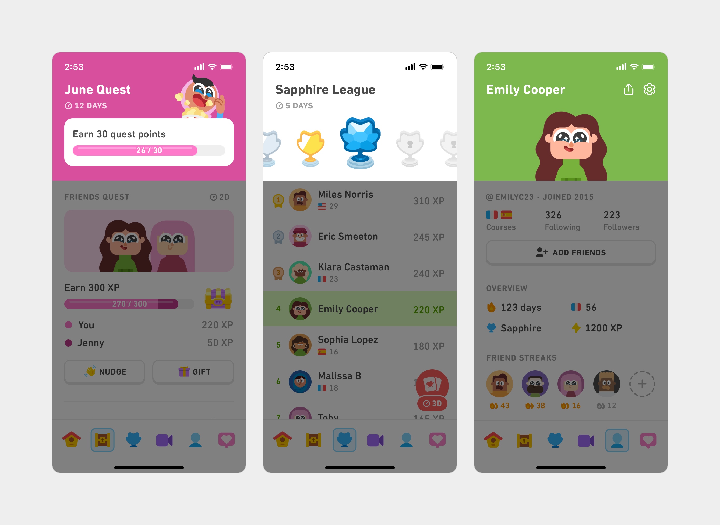 Three Duolingo app screens showing consistent header design across different sections. Each screen titled June Quest, Sapphire League, and Learner’s name features a bold, high-contrast header bar with the title aligned to the left in the same font size and position. The rest of each screen is dimmed to emphasize the header area, highlighting the visual uniformity in layout and structure.