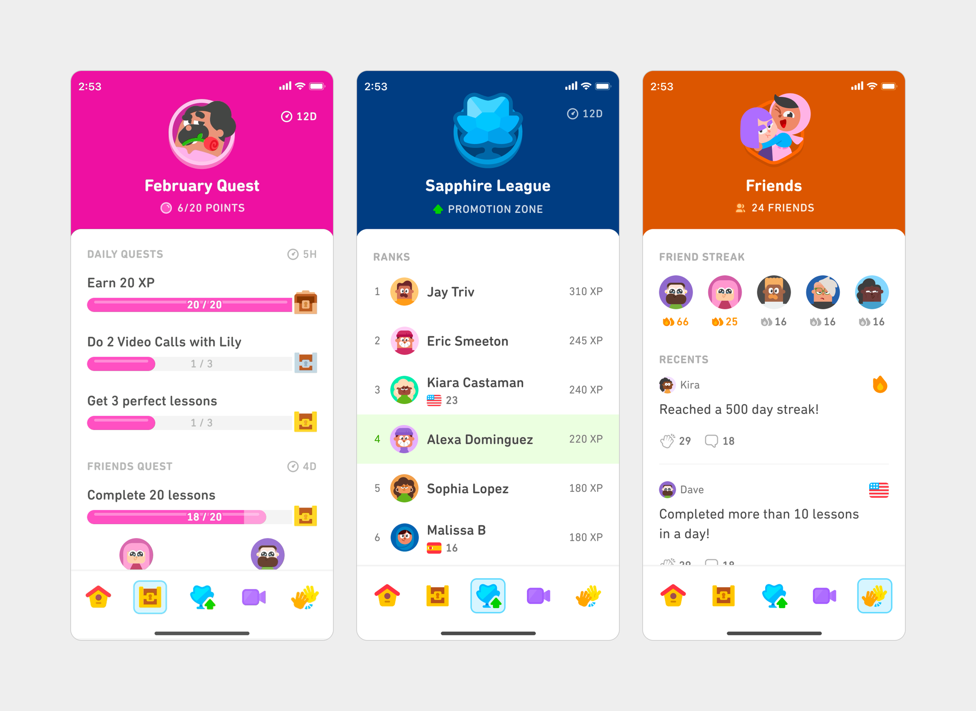 Three Duolingo app screens featuring bold, high-contrast headers in solid, vibrant colors. Pink for February Quest, deep blue for Sapphire League, and orange for Friends. The rest of the layout remains consistent with previous styles, but the colorful headers draw strong visual attention and give each screen a distinct identity.