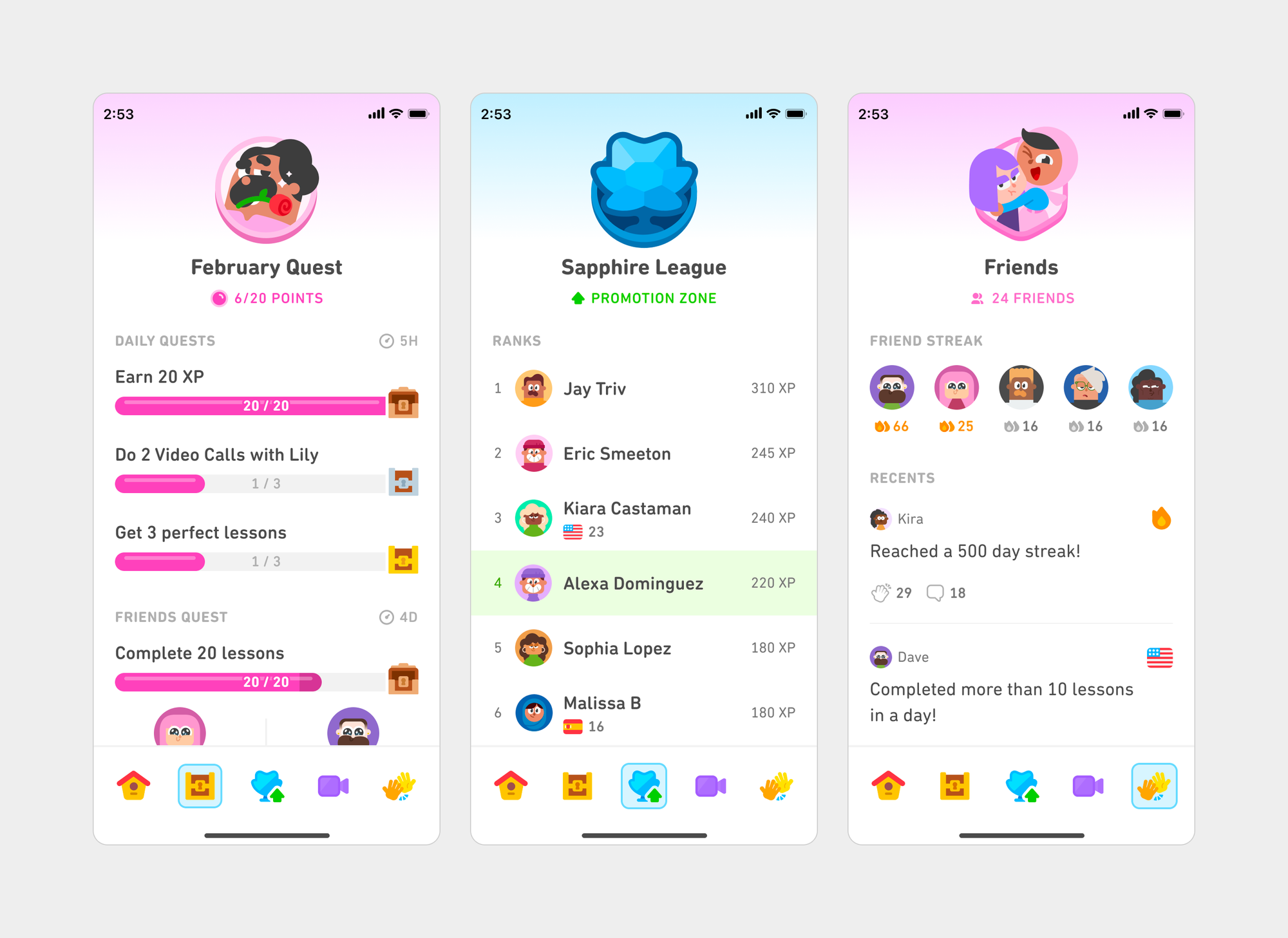 Three Duolingo app screens with a soft visual aesthetic, using subtle gradients in the headers and light background hues throughout. Progress bars and icons are more muted, and sections blend smoothly into each other. The overall look is gentle and calm, with an emphasis on visual harmony and approachability.