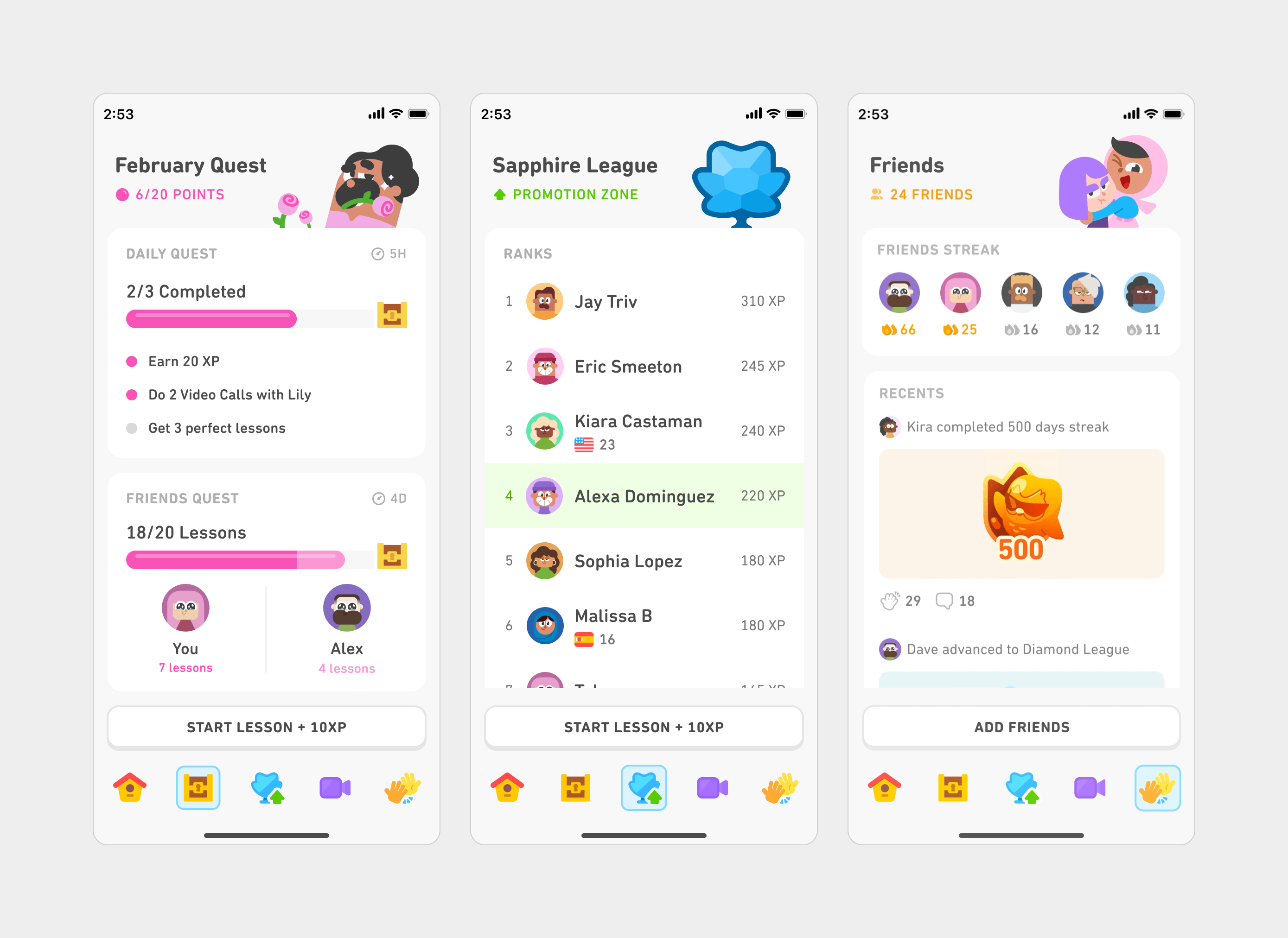 Three Duolingo app screens using a modular, card-style layout. Each section, such as daily quests, leaderboard rankings, and friend activity, is enclosed in soft rounded cards, creating clear separation between content blocks. The design feels structured and compartmentalized, emphasizing organization and flexibility.