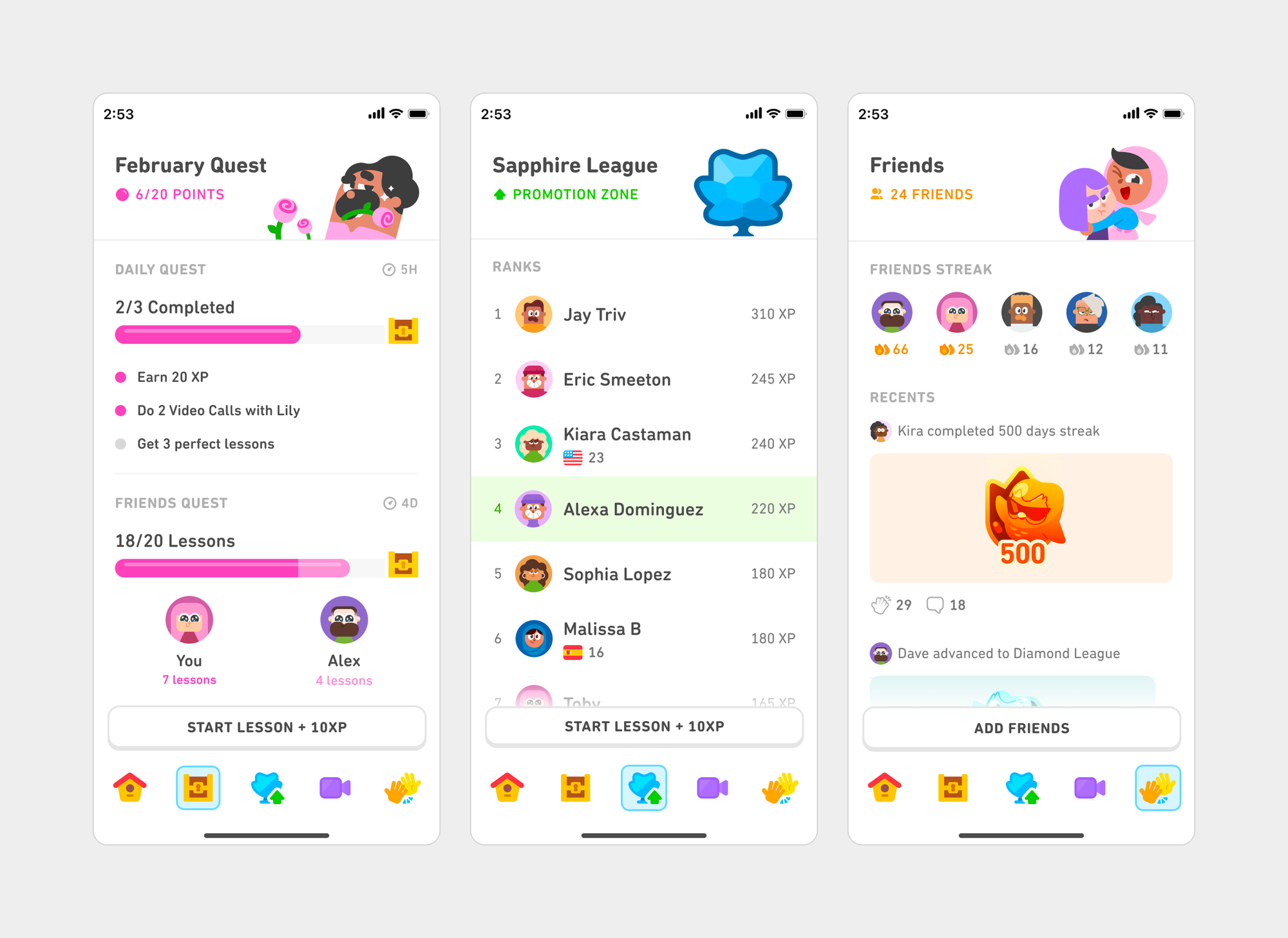 Three Duolingo app screens with a flat, minimalist design featuring generous white space and simplified UI. The February Quest screen shows progress bars for daily and friend quests. The Sapphire League screen displays a ranked XP leaderboard. The Friends screen highlights streak counts and recent friend activity, with no borders or background elements around sections.