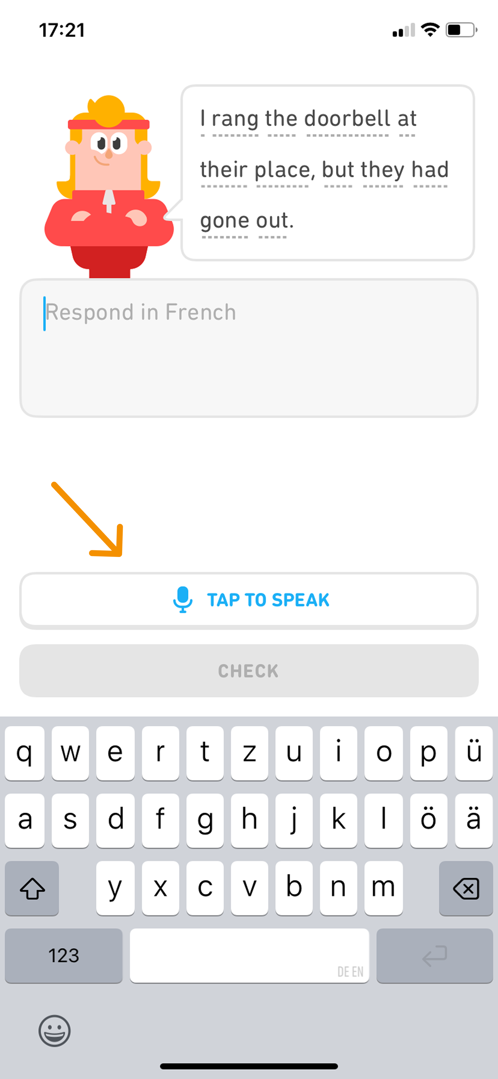 Screenshot of an English sentence to be translated to French, either by using the keyboard, or with the “tap to speak” option