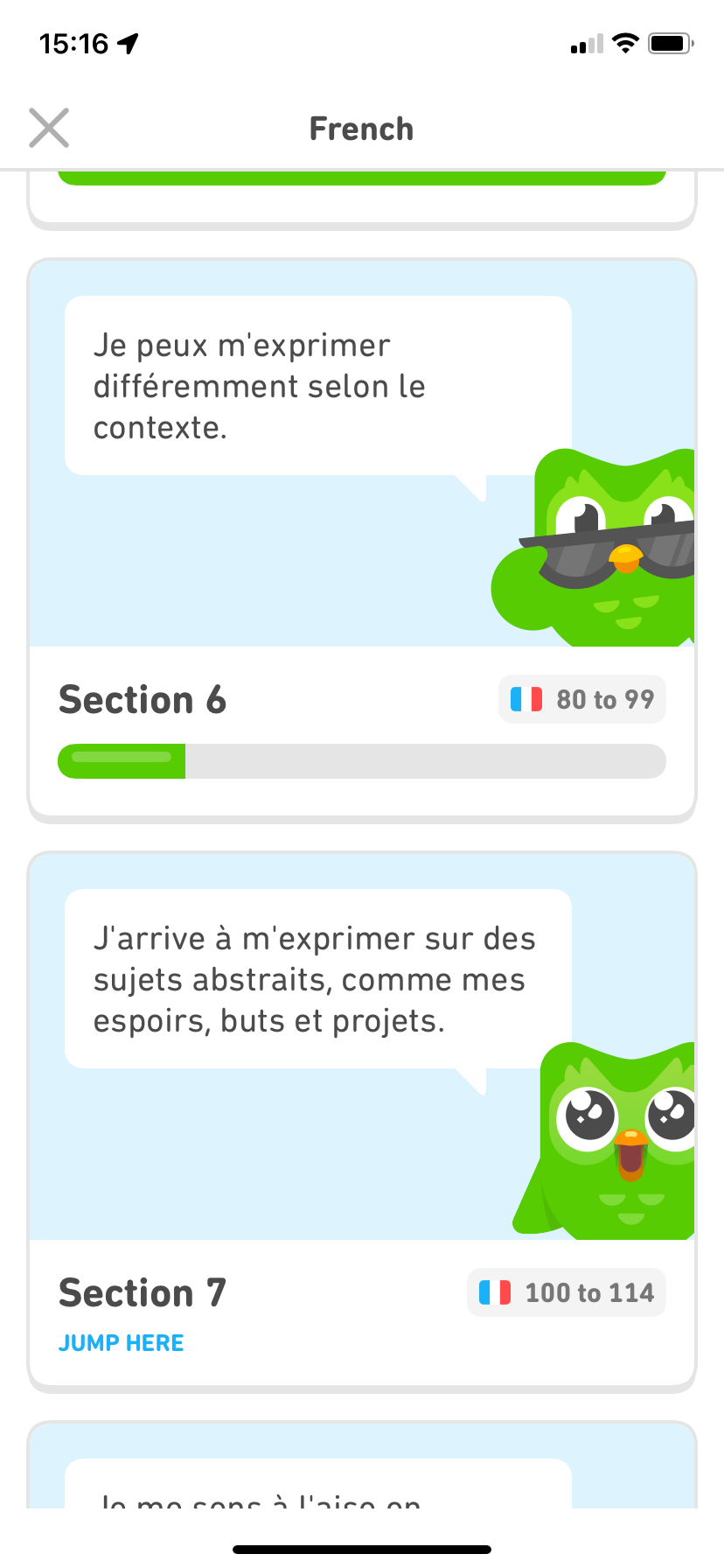 Screenshot of the French course section menu showing how much of the current section is completed and the upcoming section