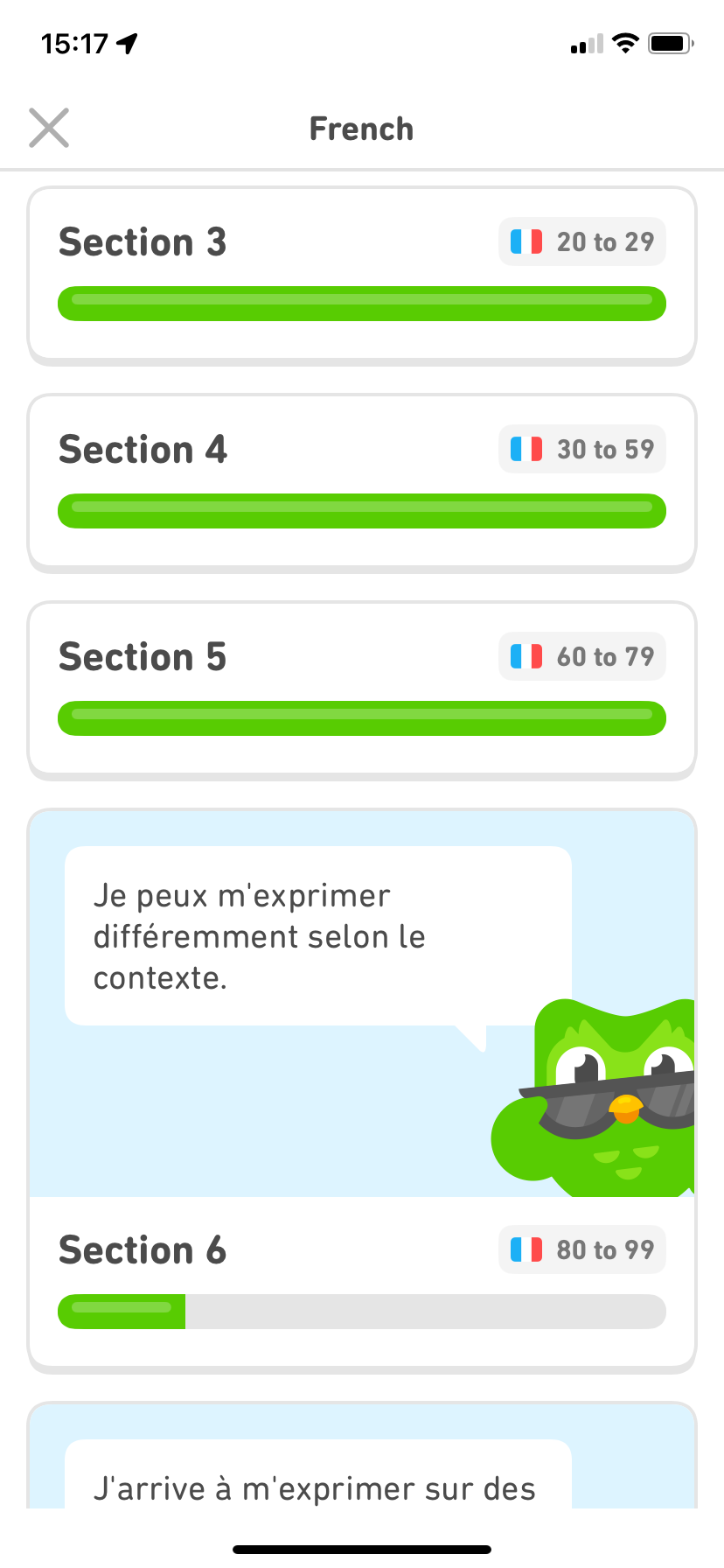 Screenshot of the French course section menu showing Sections 3-5 completed and Section 6 partly completed