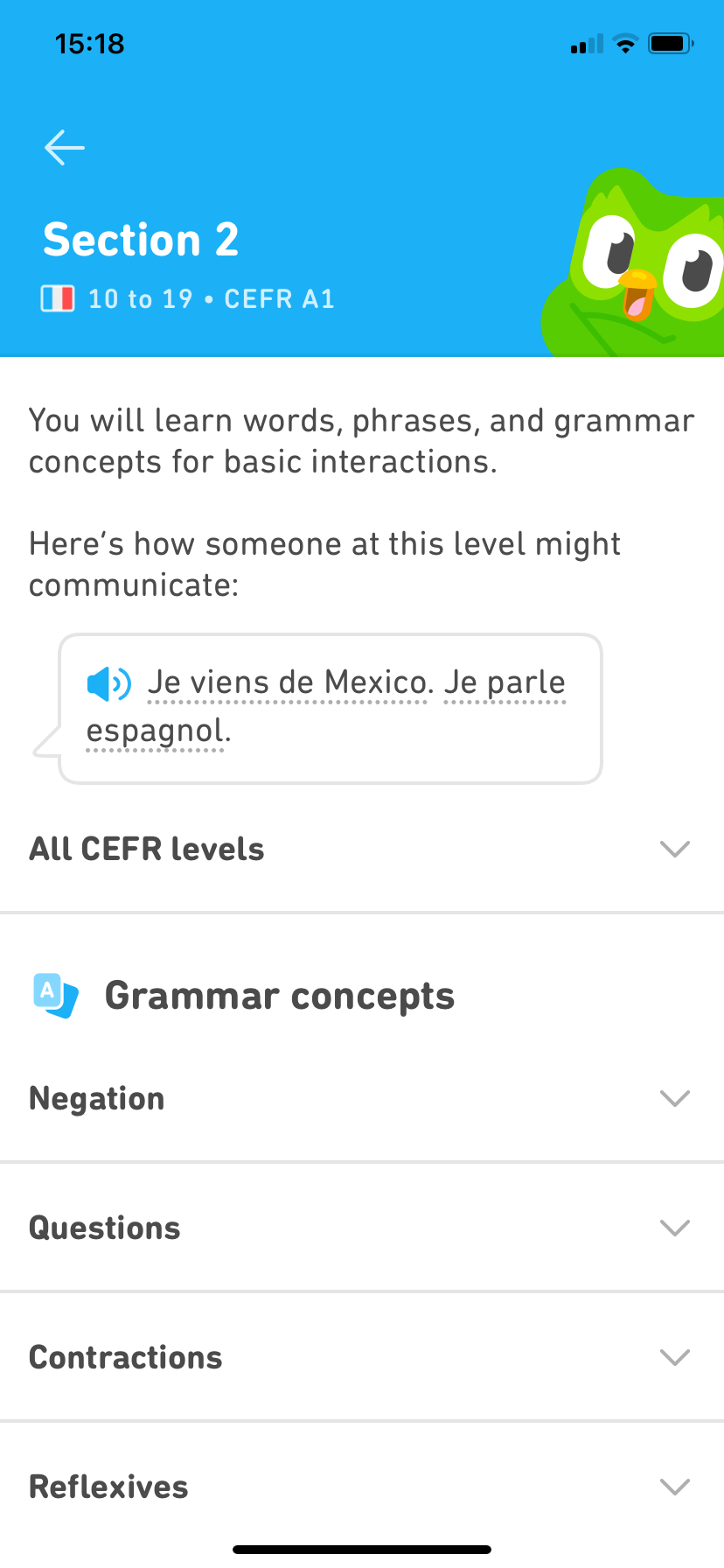 Screenshot of Section 2 explaining how the course work meets the CEFR A1 criteria.