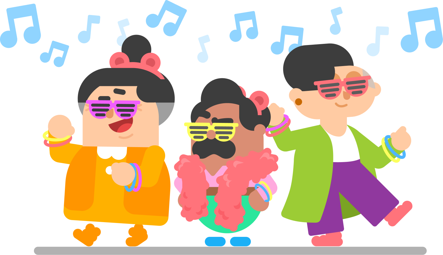 Ilustração dos personagens do Duolingo Lucy, Óscar e Lin usando roupas coloridas, óculos escuros em cores neon e dançando sob notas musicais.
